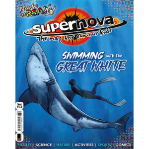 The cover for issue 11.2 of Supernova magazine showing a diver and a great white shark