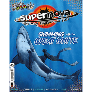 The cover for issue 11.2 of Supernova magazine showing a diver and a great white shark